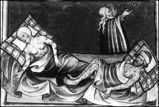 Illustration of the Black Death from the Toggenburg Bible (1411)